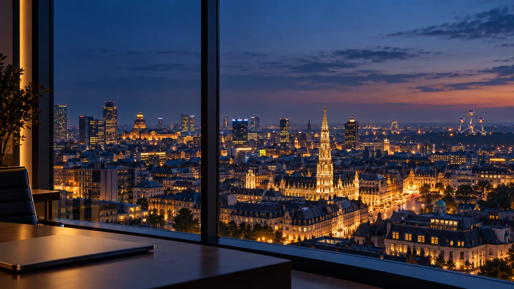 Brussels skyline at dusk from a modern office setting